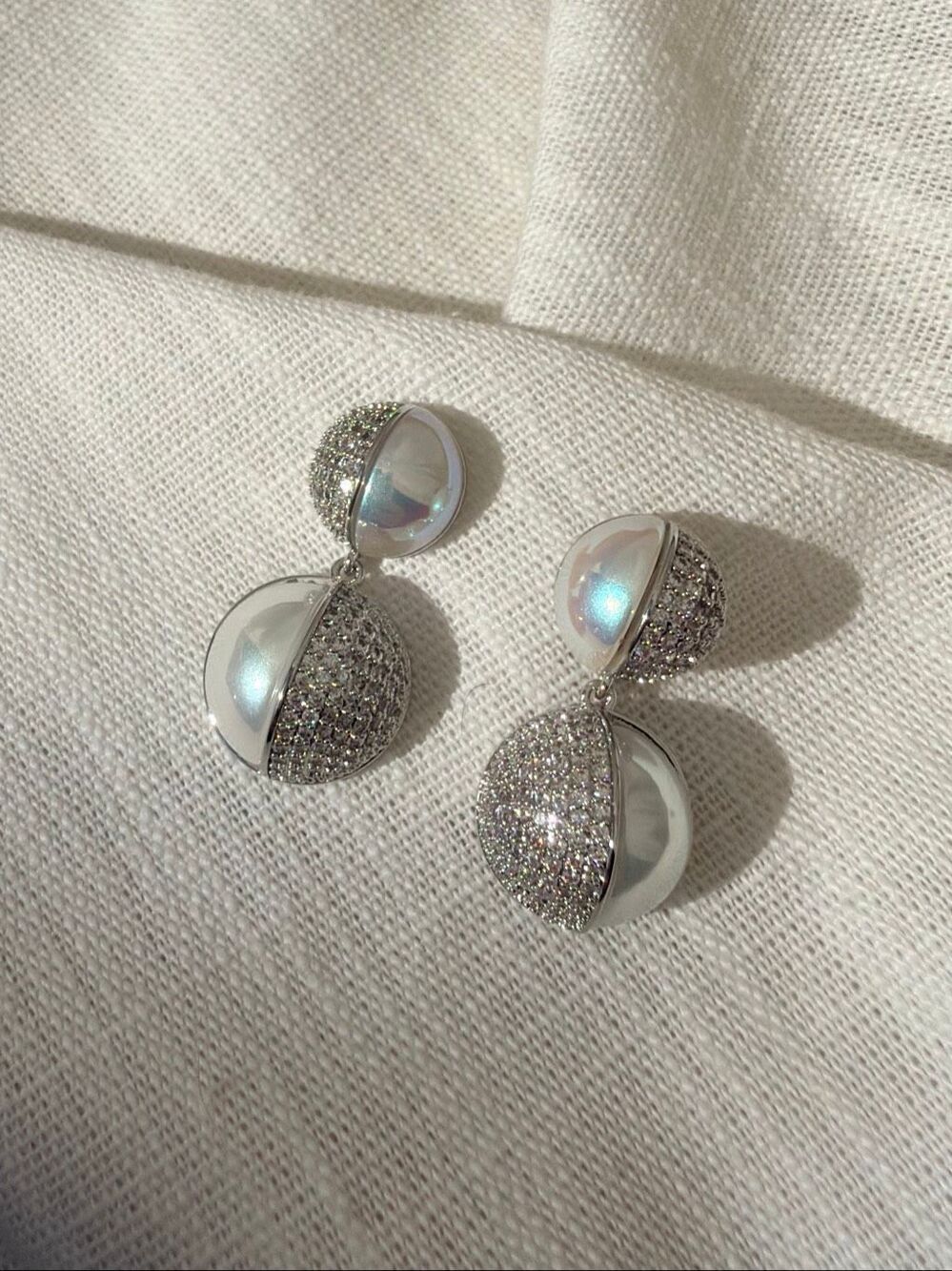 Iridescent Pearl Cubic Zirconia Mod Drop Earrings Silver Tone